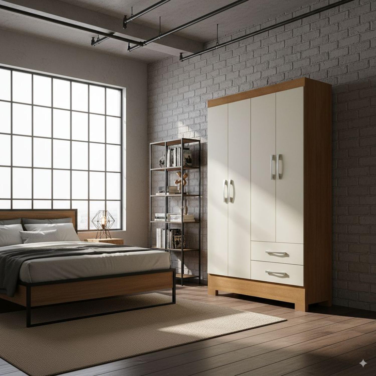 Combo Cama europea prelude 2 plazas + Clóset 4 puertas + Cómoda 10 Cajones + librero Off White CEP20-5