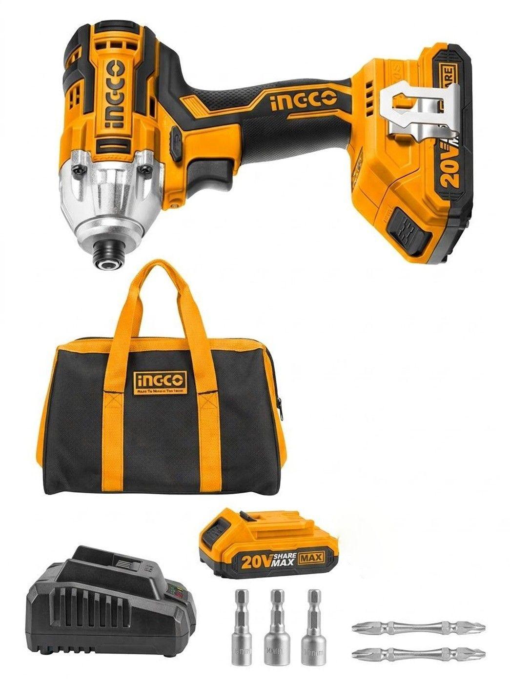 Atornillador Impacto Inalambrico Ingco 20V Bateria Cargador Bolso Accesorios CIRLI2002-2