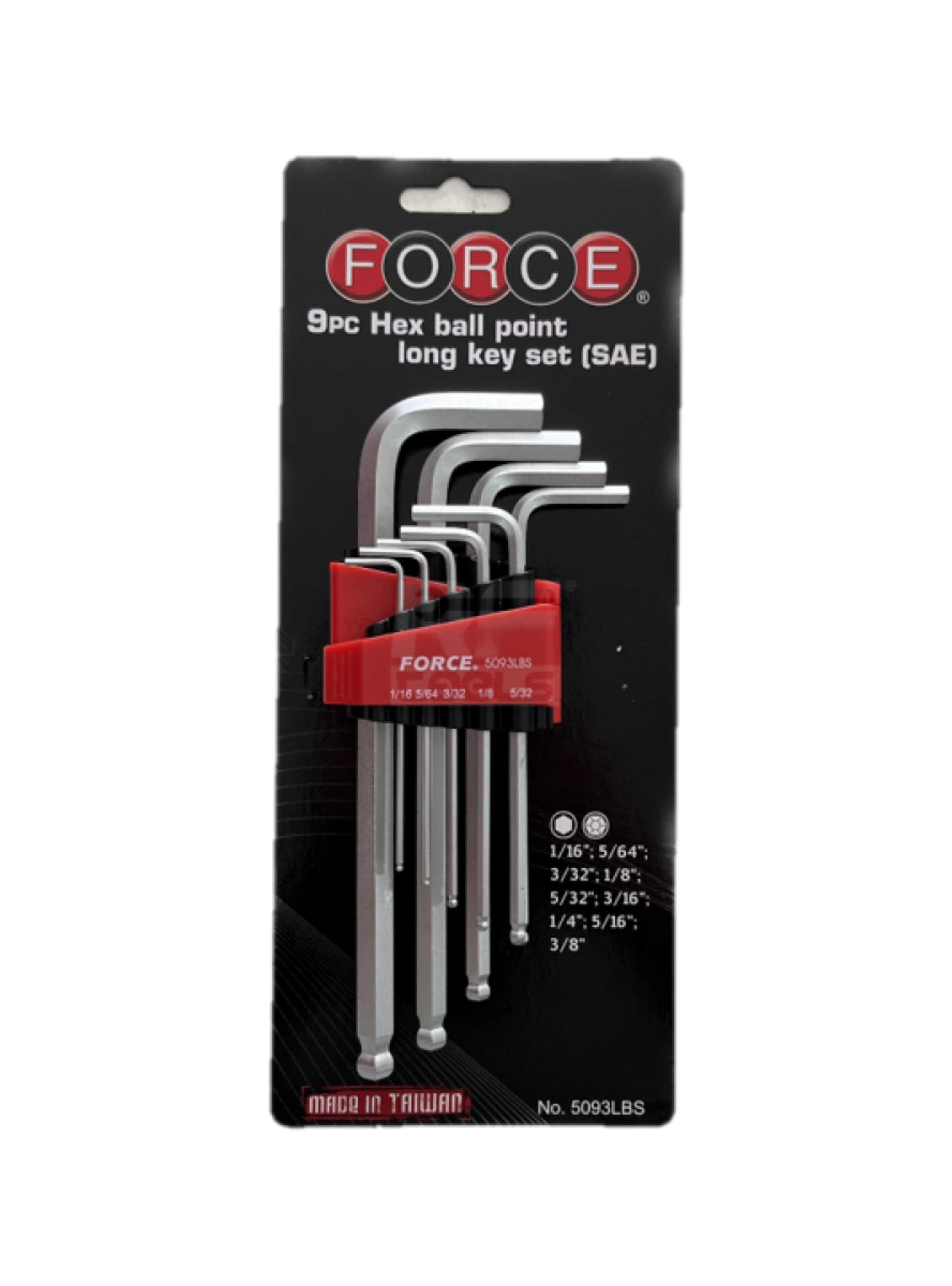 Juego Llaves Allen Largas Bola Pulgadas 9pz 1/16´´ a 3/8´´ Force 5093LBS-1