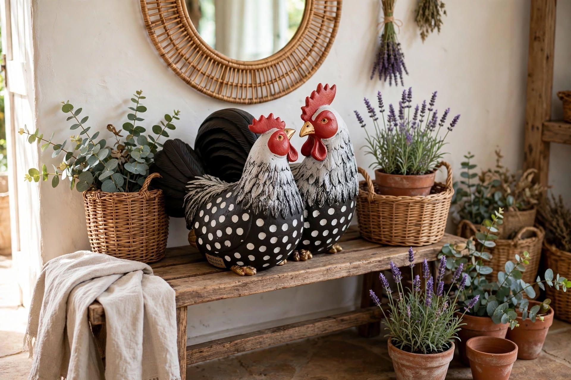 Pareja de Gallos Decorativos Negro con Lunares Blancos-0