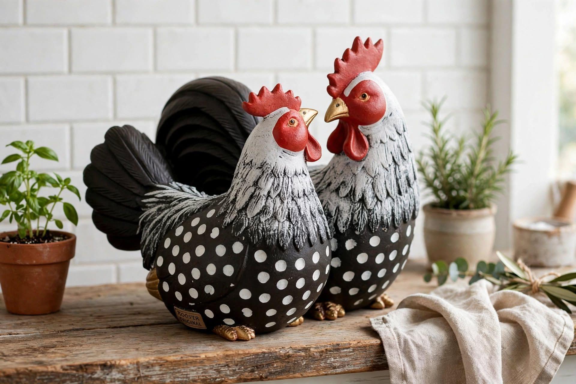 Pareja de Gallos Decorativos Negro con Lunares Blancos-1