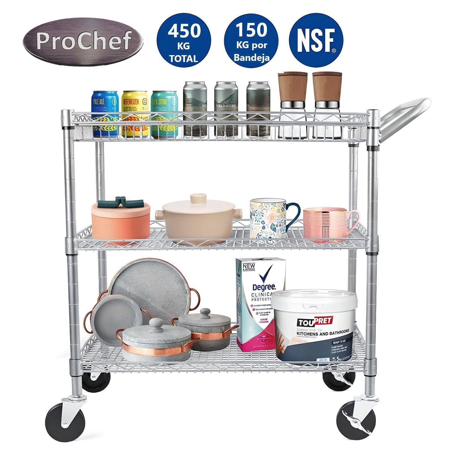 Carro Multiuso 90x45x100 cm Acero Cromado 3 Niveles CJ-A1523-2