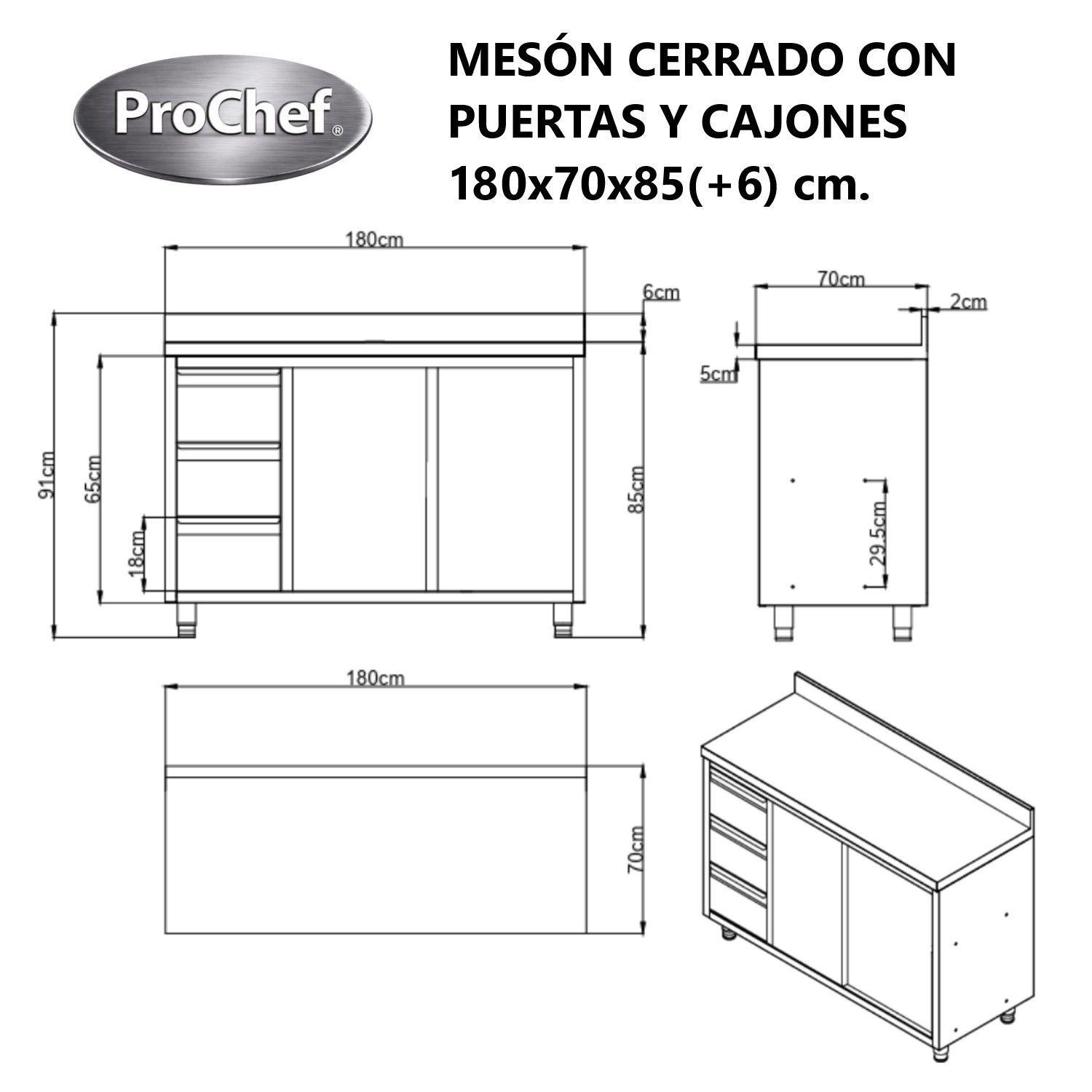 Mesón Mural Cerrado Acero Inoxidable 180x70x85(+6) cm. Cajones-6