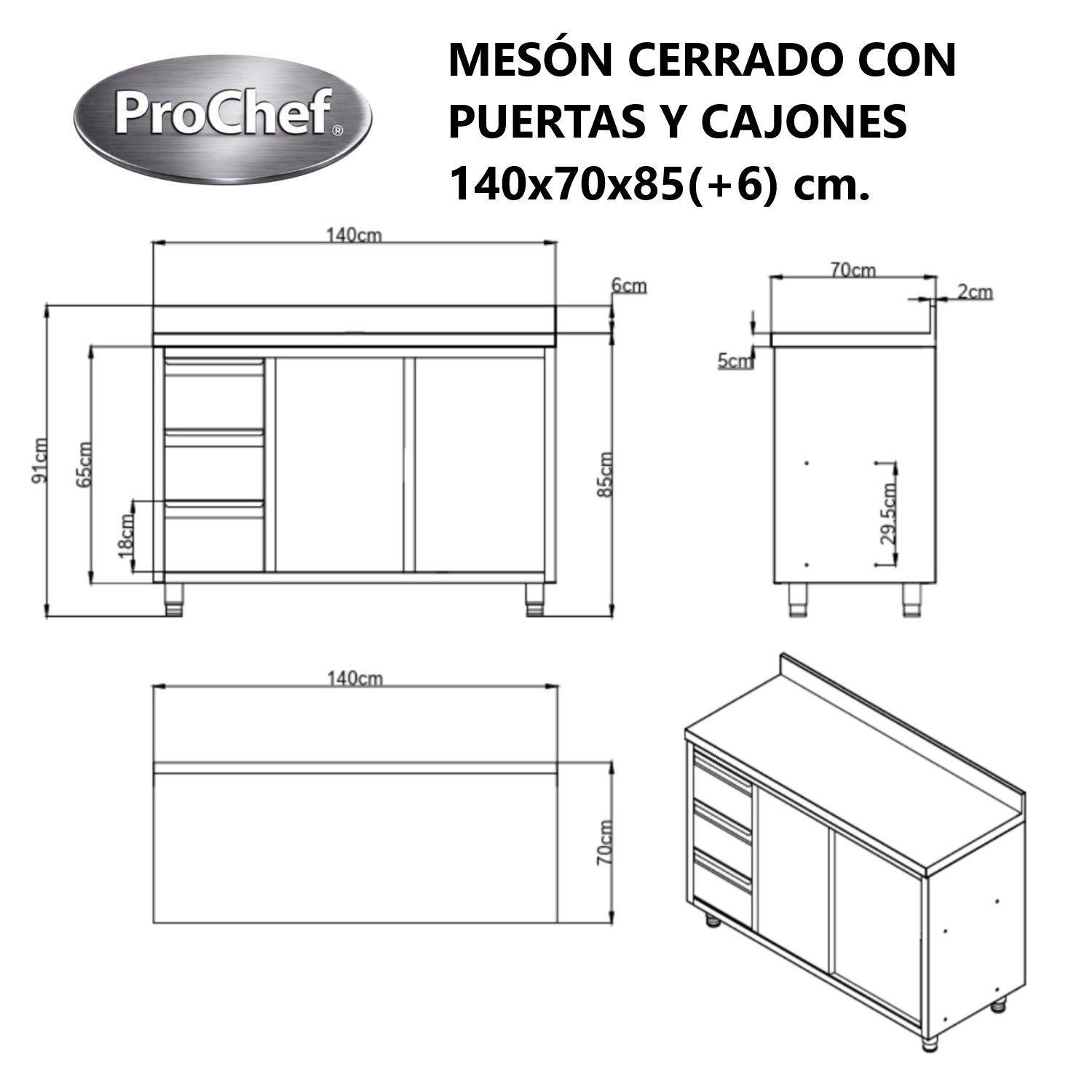 Mesón Mural Cerrado Acero Inoxidable 140x70x85(+6) cm. Cajones-7