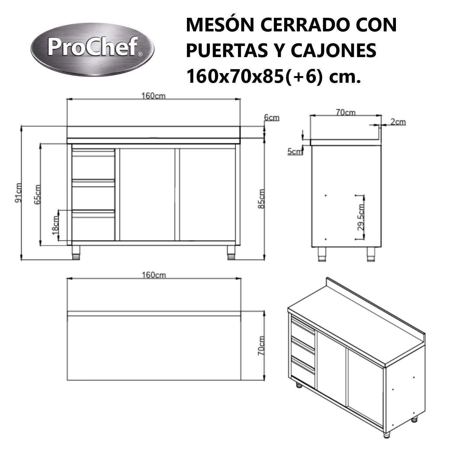 Mesón Mural Cerrado Acero Inoxidable 160x70x85(+6) cm. Cajones-6