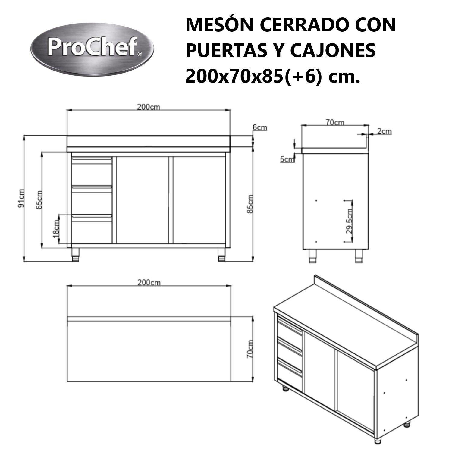 Mesón Mural Cerrado Acero Inoxidable 200x70x85(+6) cm. Cajones-4