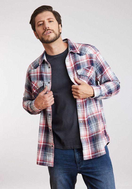 Camisa Hombre Western Shirt Red Blue Plaid-0