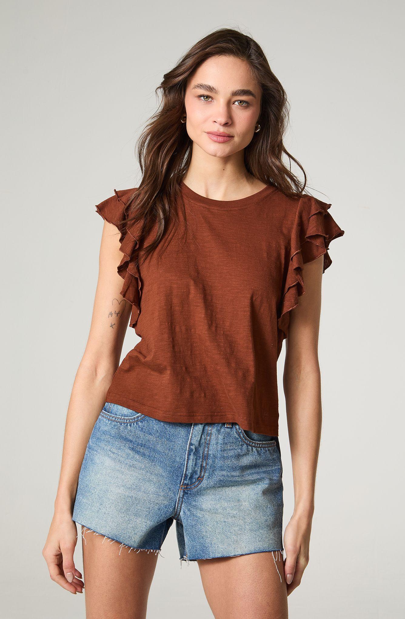 Polera Mujer Manga Corta Con Vuelos Regular  Fit Vuelos En Manga-1