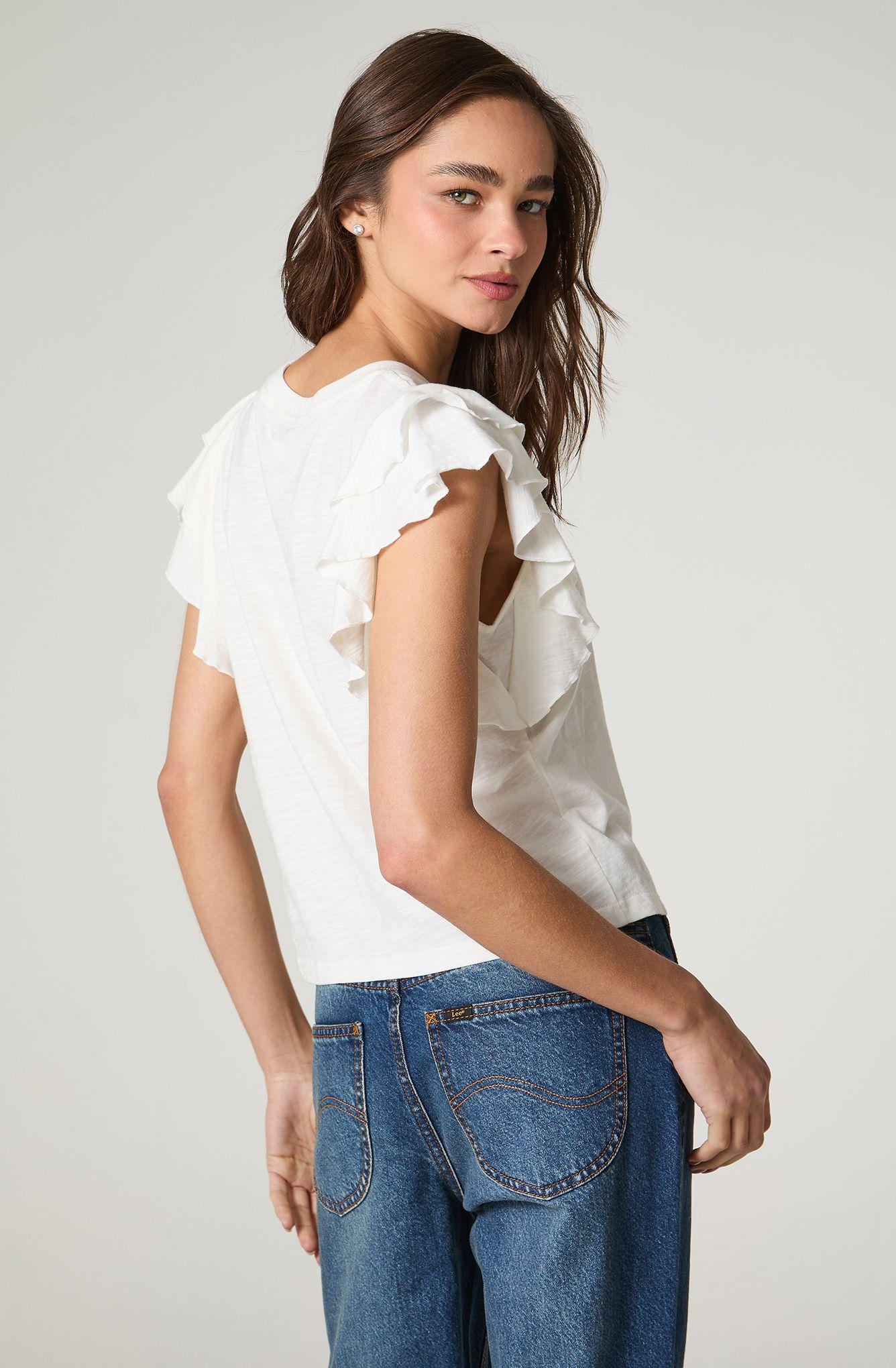 Polera Mujer Manga Corta Con Vuelos Regular  Fit Vuelos En Manga-3