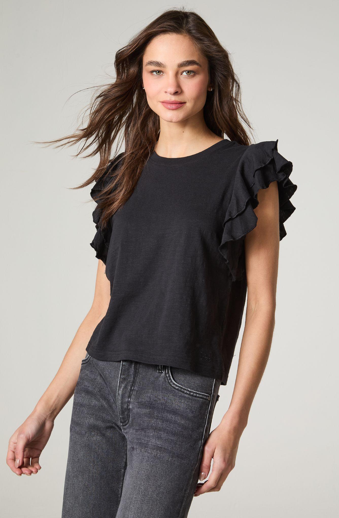 Polera Mujer Manga Corta Con Vuelos Regular  Fit Vuelos En Manga-1