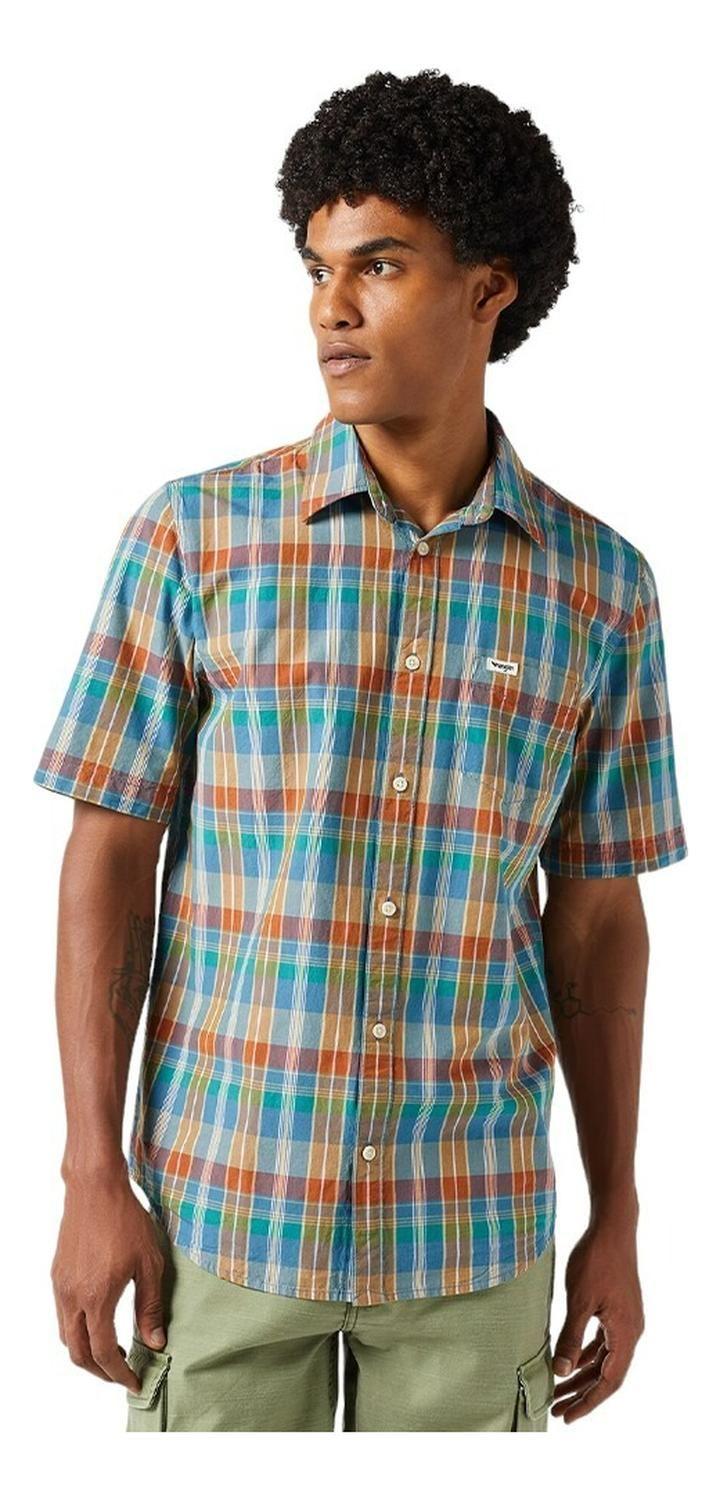 Camisa Hombre Manga Corta 1 Pocket Shirt Plaid Tan Madaras-0
