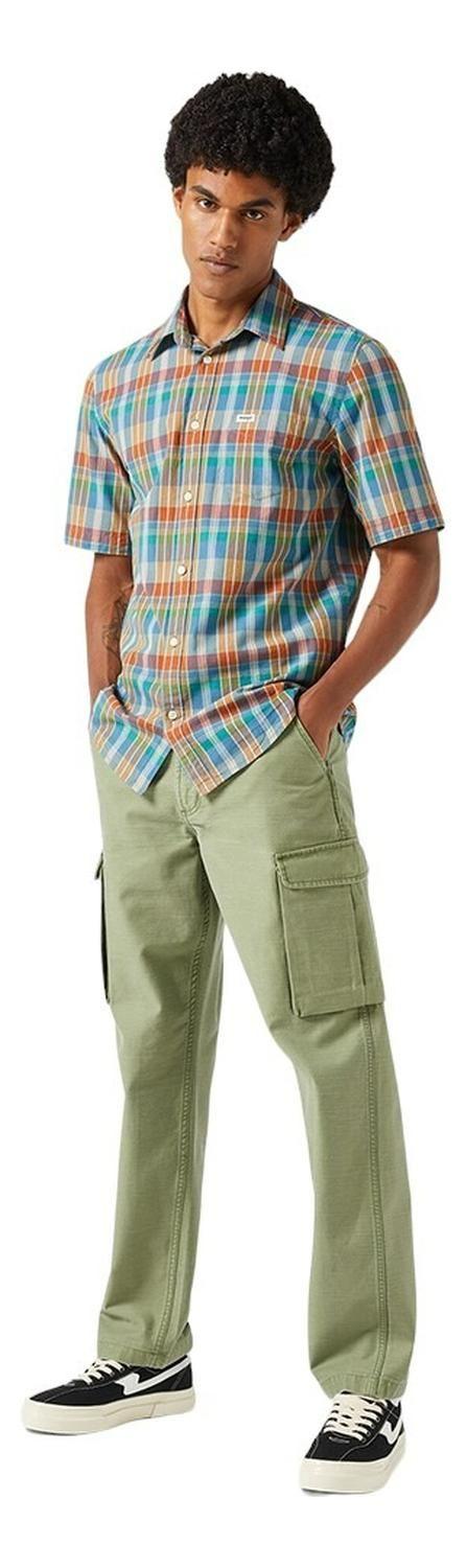 Camisa Hombre Manga Corta 1 Pocket Shirt Plaid Tan Madaras-2