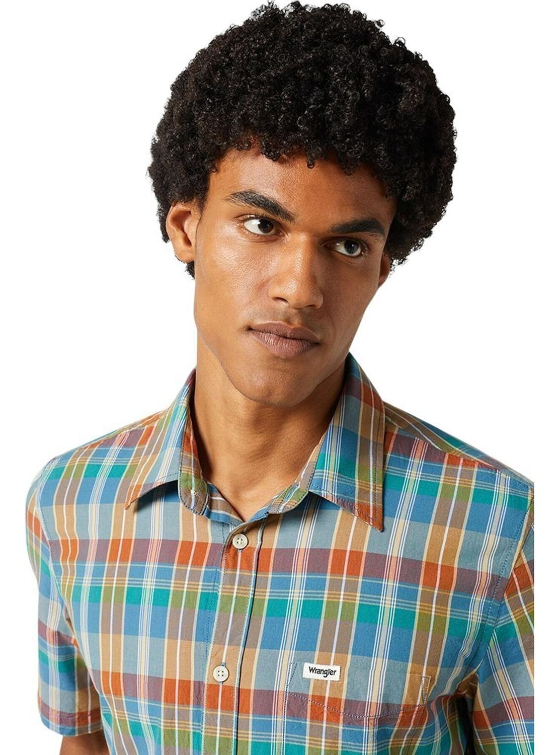 Camisa Hombre Manga Corta 1 Pocket Shirt Plaid Tan Madaras-3