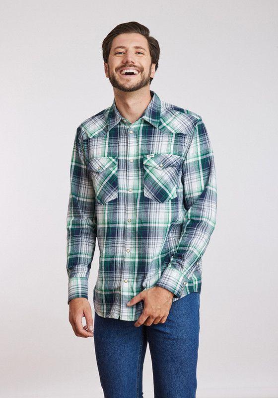 Camisa Hombre Western Shirt Green Blue Plaid-0