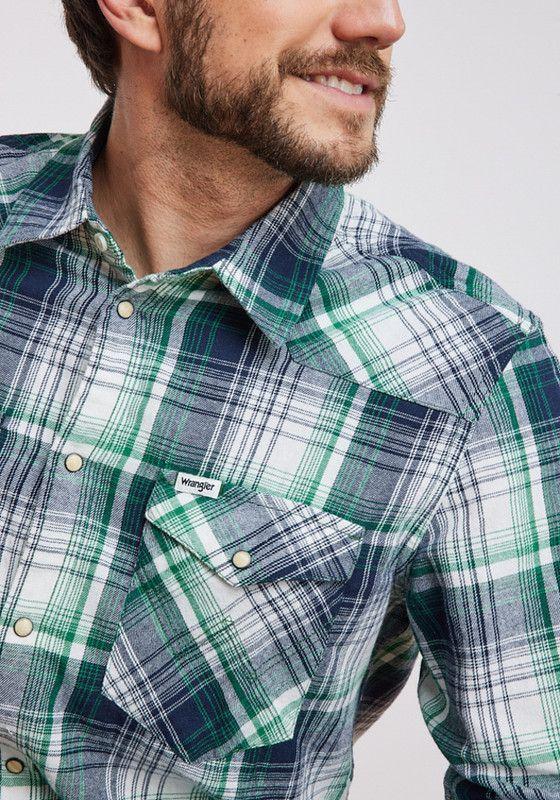 Camisa Hombre Western Shirt Green Blue Plaid-2