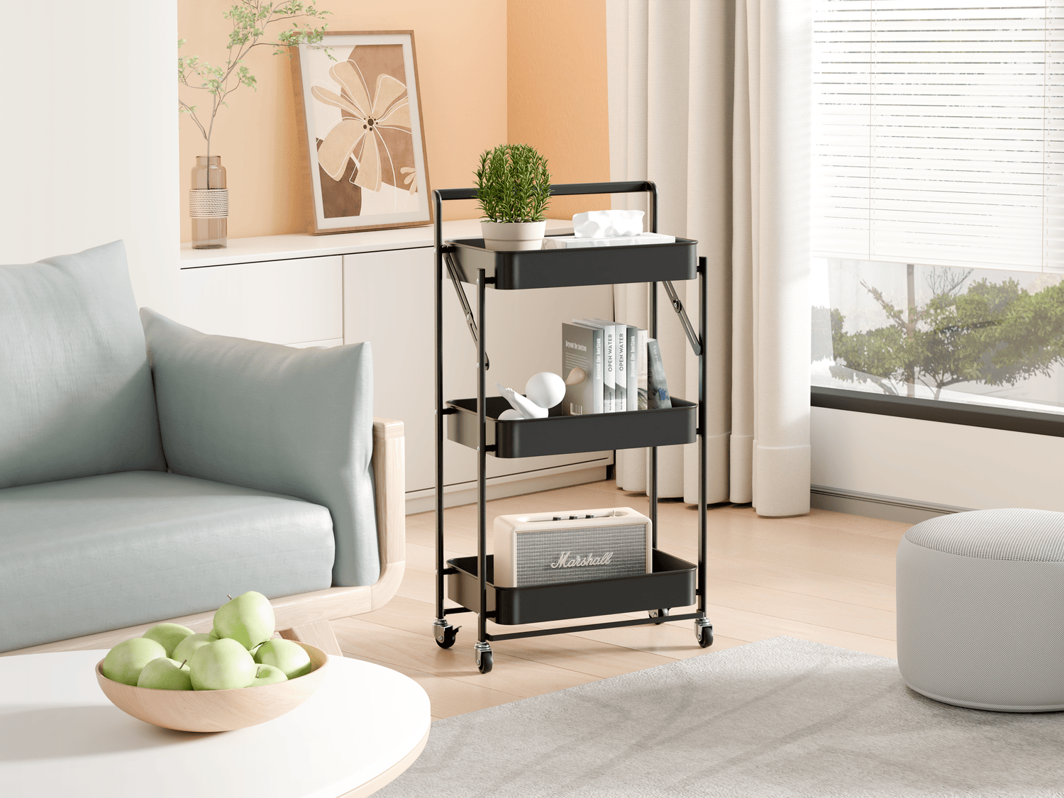 Carrito Carro Organizador Multiuso Ruedas Plegable Estantes Metalico Negro-2