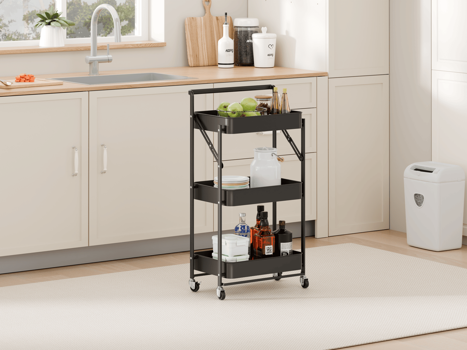 Carrito Carro Organizador Multiuso Ruedas Plegable Estantes Metalico Negro-3