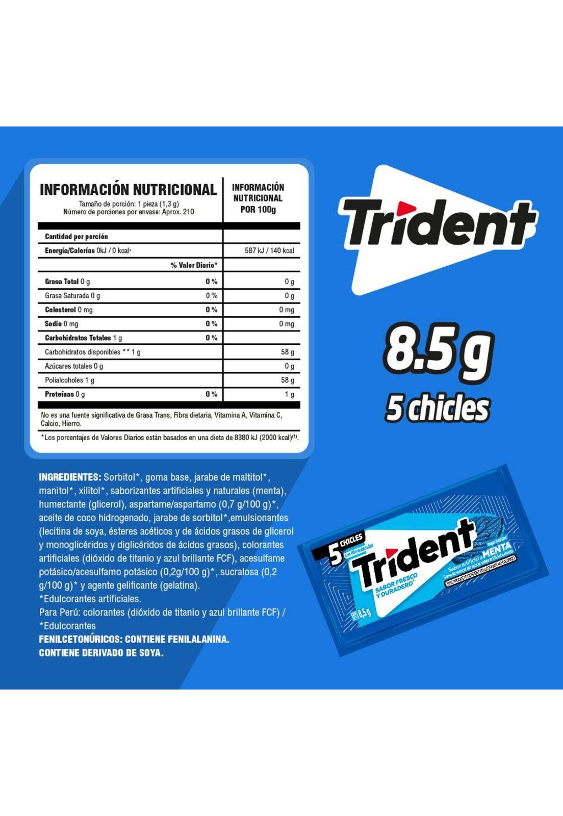 Chicle Trident® Sabor Menta Sin Azúcar Pack 18x5 un c/u-2