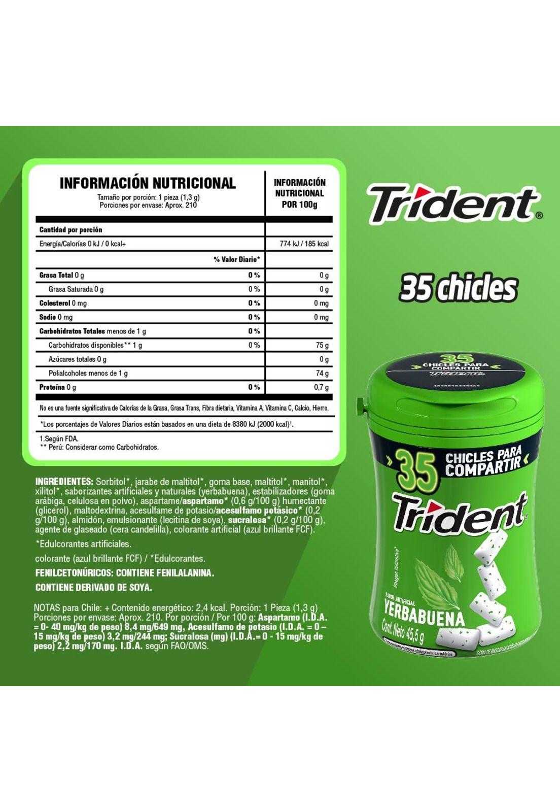 Chicle Trident® Sabor Yerba Buena Sin Azúcar 35 un.-1