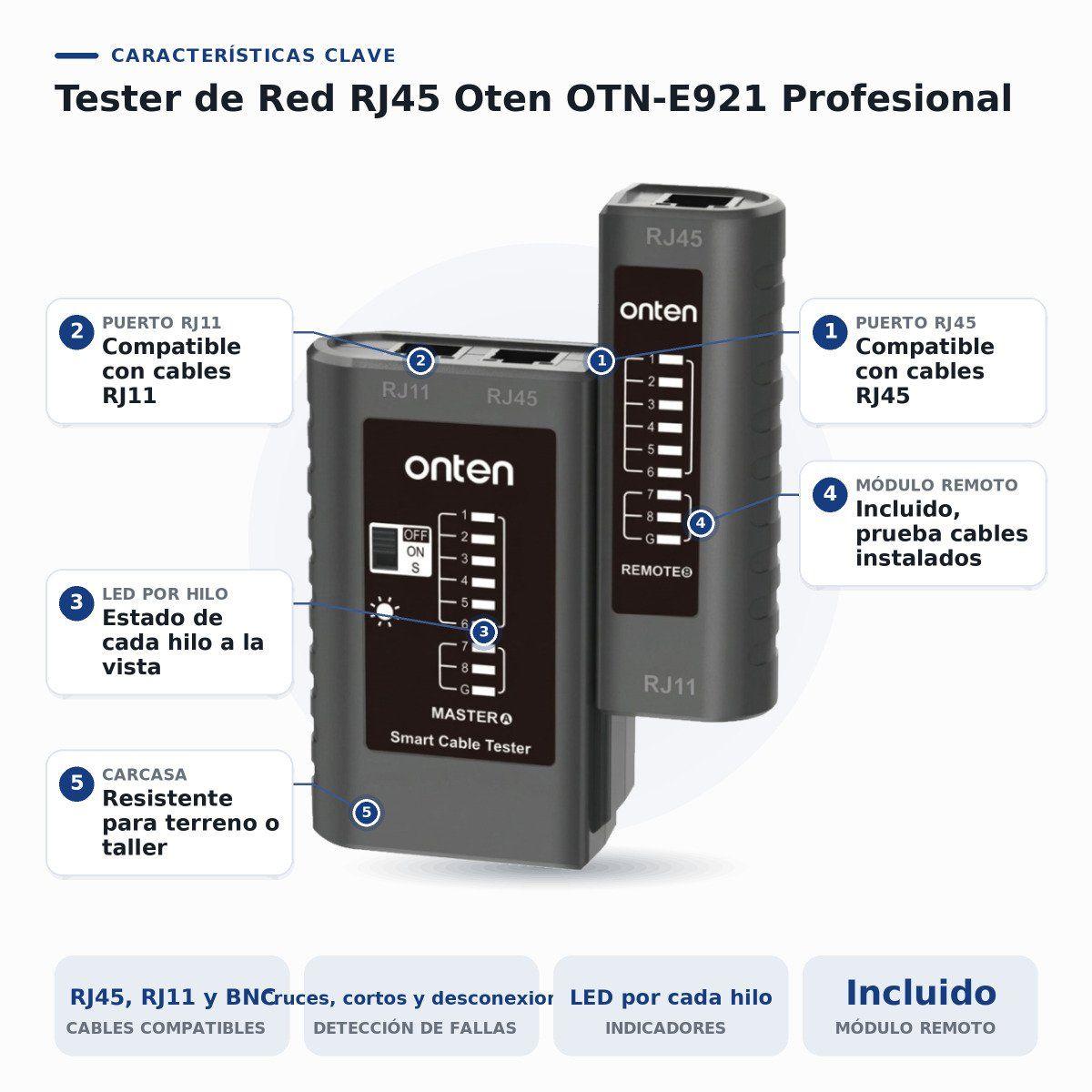 Tester de red RJ45 Onten OTN-E921 para RJ45, RJ11 y BNC con módulo remoto-6