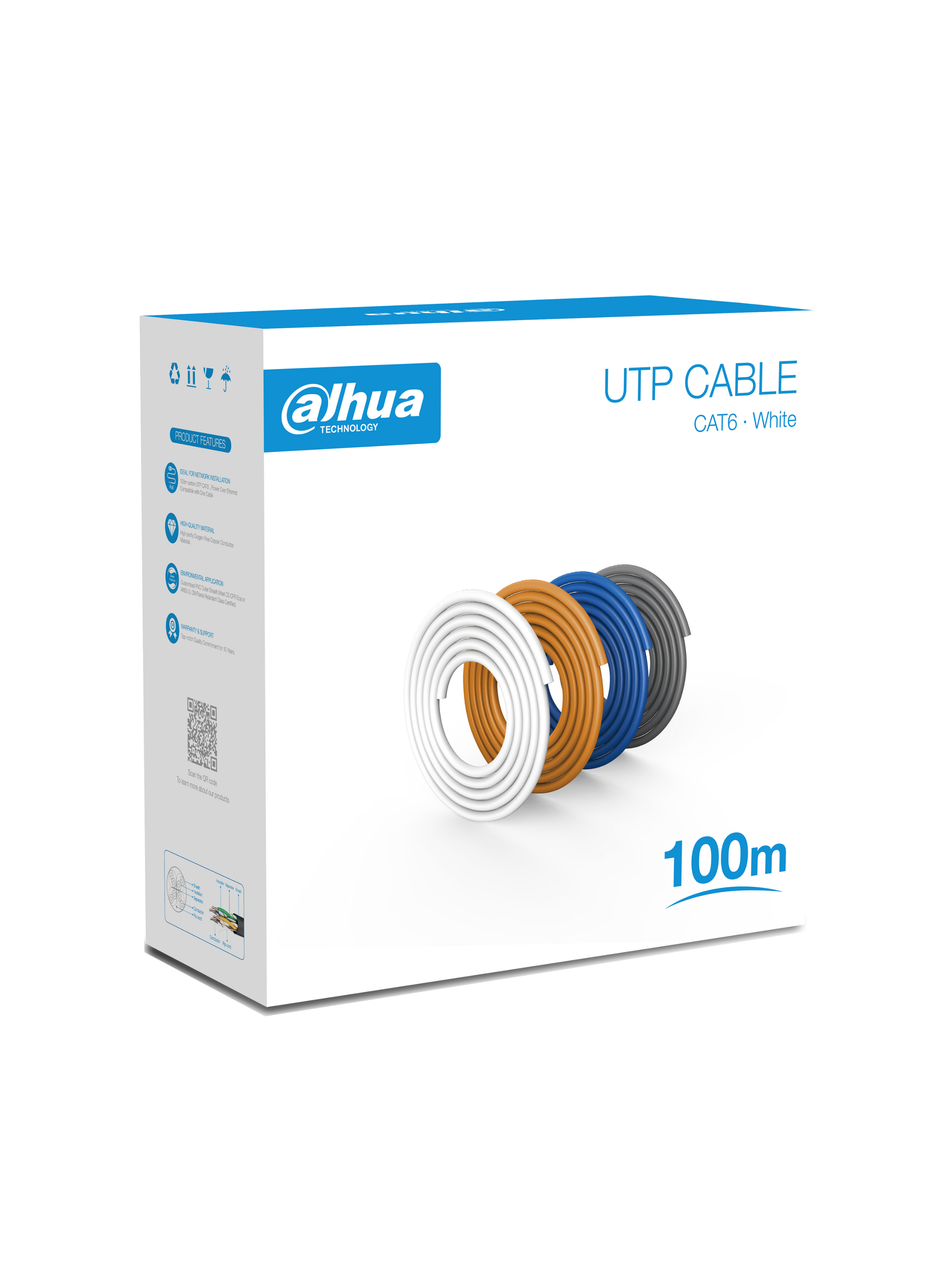 Cable de Red UTP 100Mts Cat6 Dahua 100% cobre Blanco-0