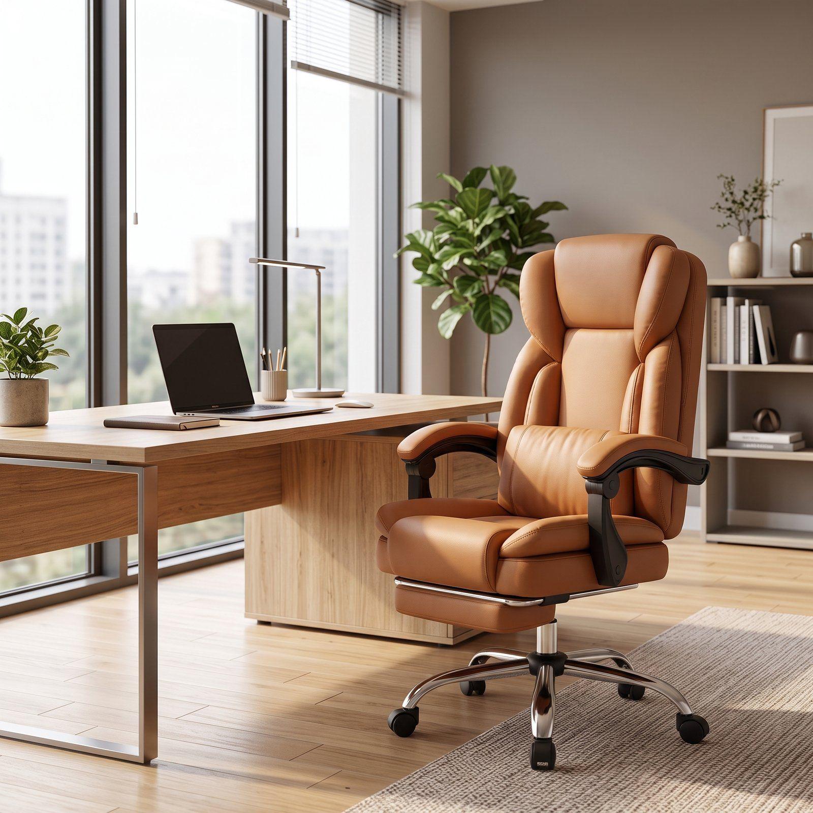 Silla de Escritorio Ergonómica Reclinable con Reposapiés Retráctil Caramelo-1