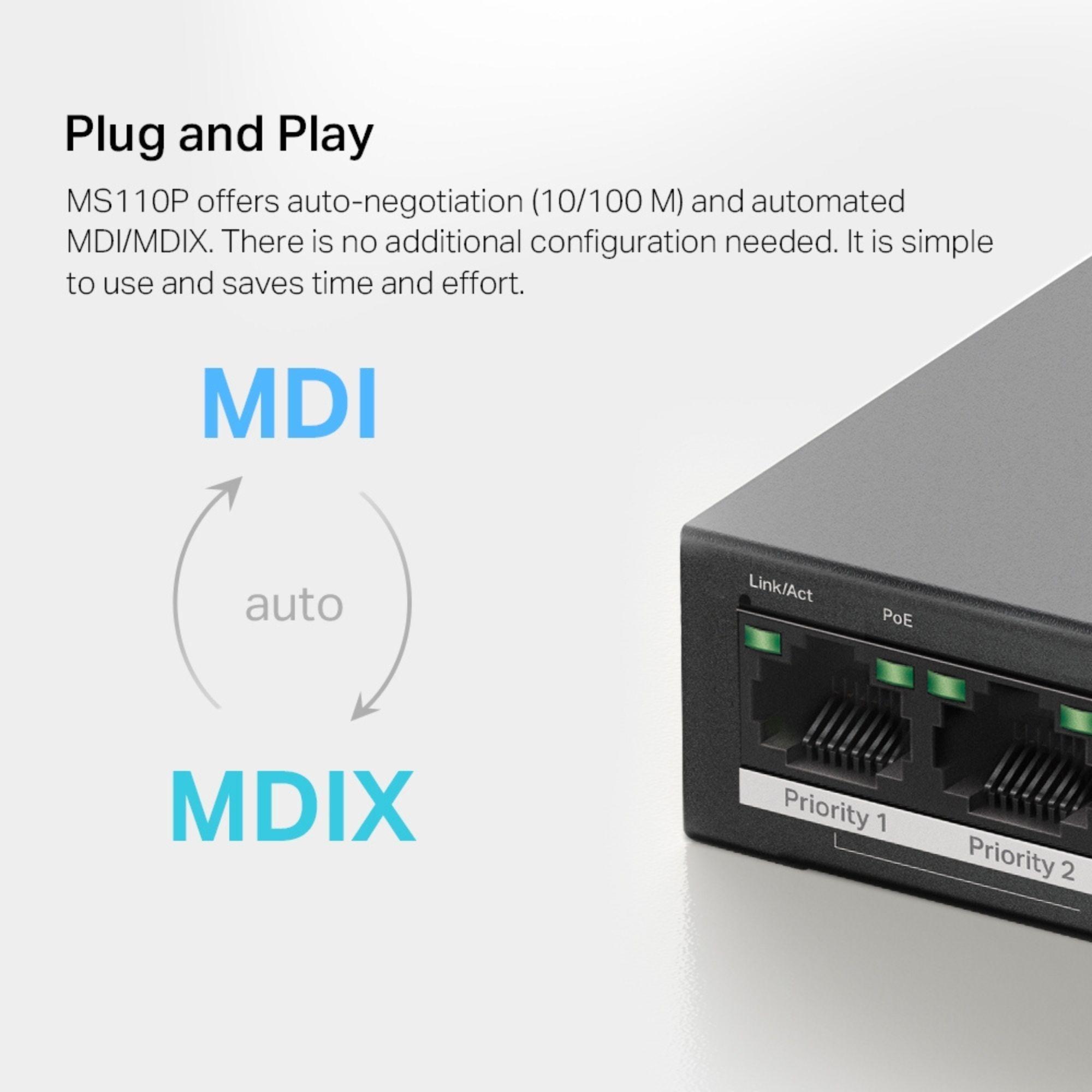 Switch 10 Puertos 8 PoE+ 2 Puertos 100Mbps 65W MS110LP-4