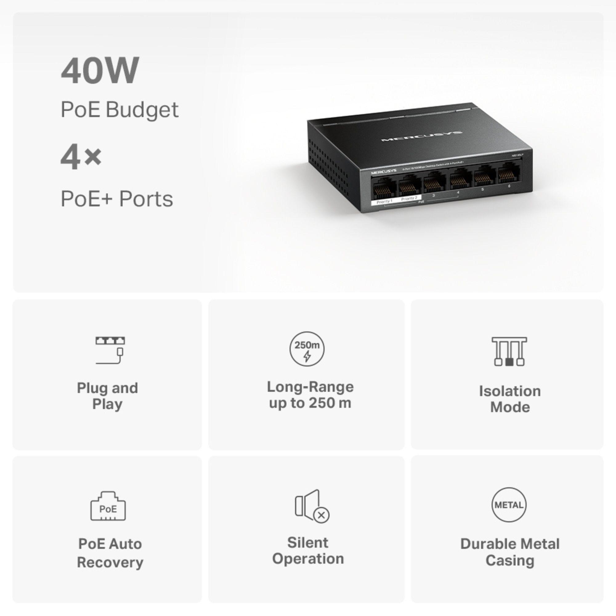 Switch 6 Puertos 4 PoE+ 2 Puertos 100Mbps MS106LP-7