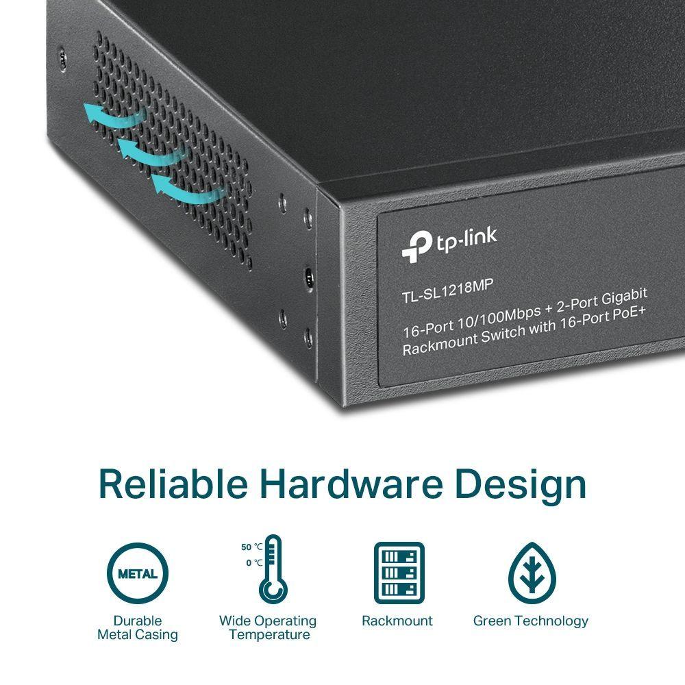 Switch 16 Puertos PoE 10/100 Mbps + 2 PoE Gigabit + 2 SFP Gigabit Rackeable TL-SL1218MP-7