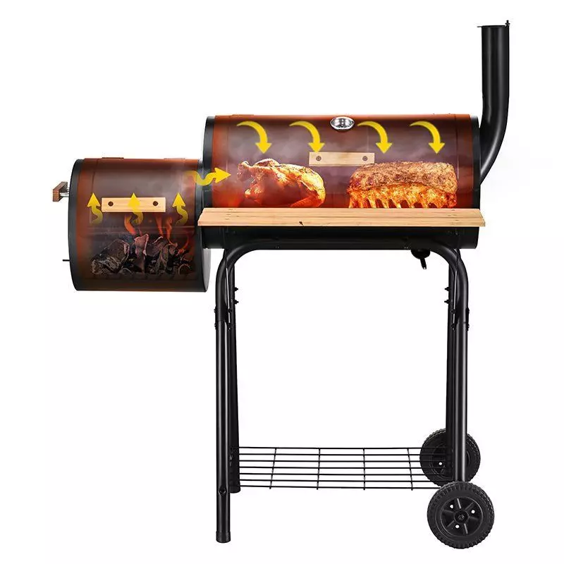 Parrilla Ahumadora Tipo Barril con Repisa y Ruedas-2