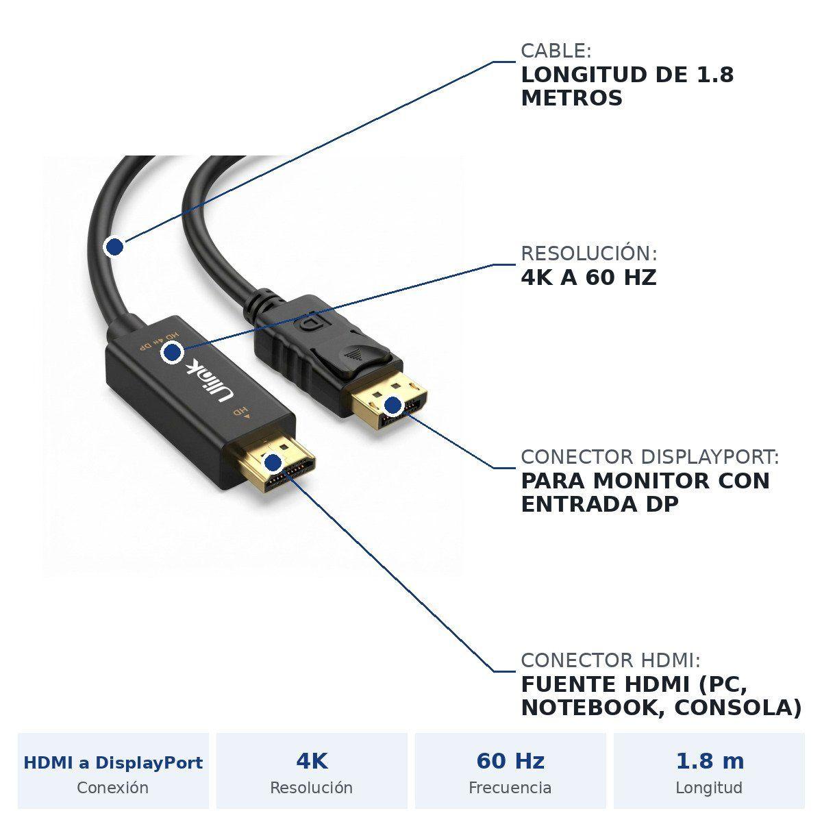 Cable Adaptador HDMI a DisplayPort 4K 60Hz de 1.8 Metros-5