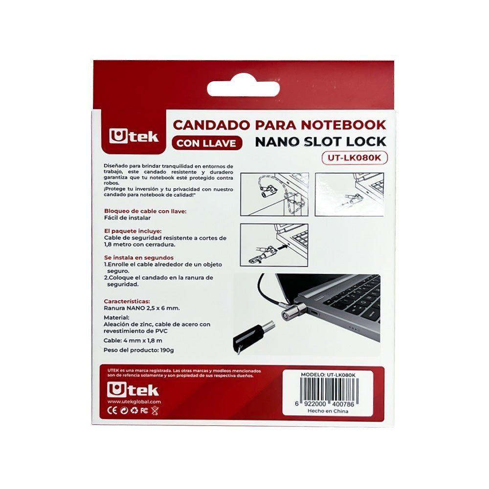 Candado Notebook Utek UT-LK080K Slot Nano con Llave y Cable de Acero 1.8 m-5
