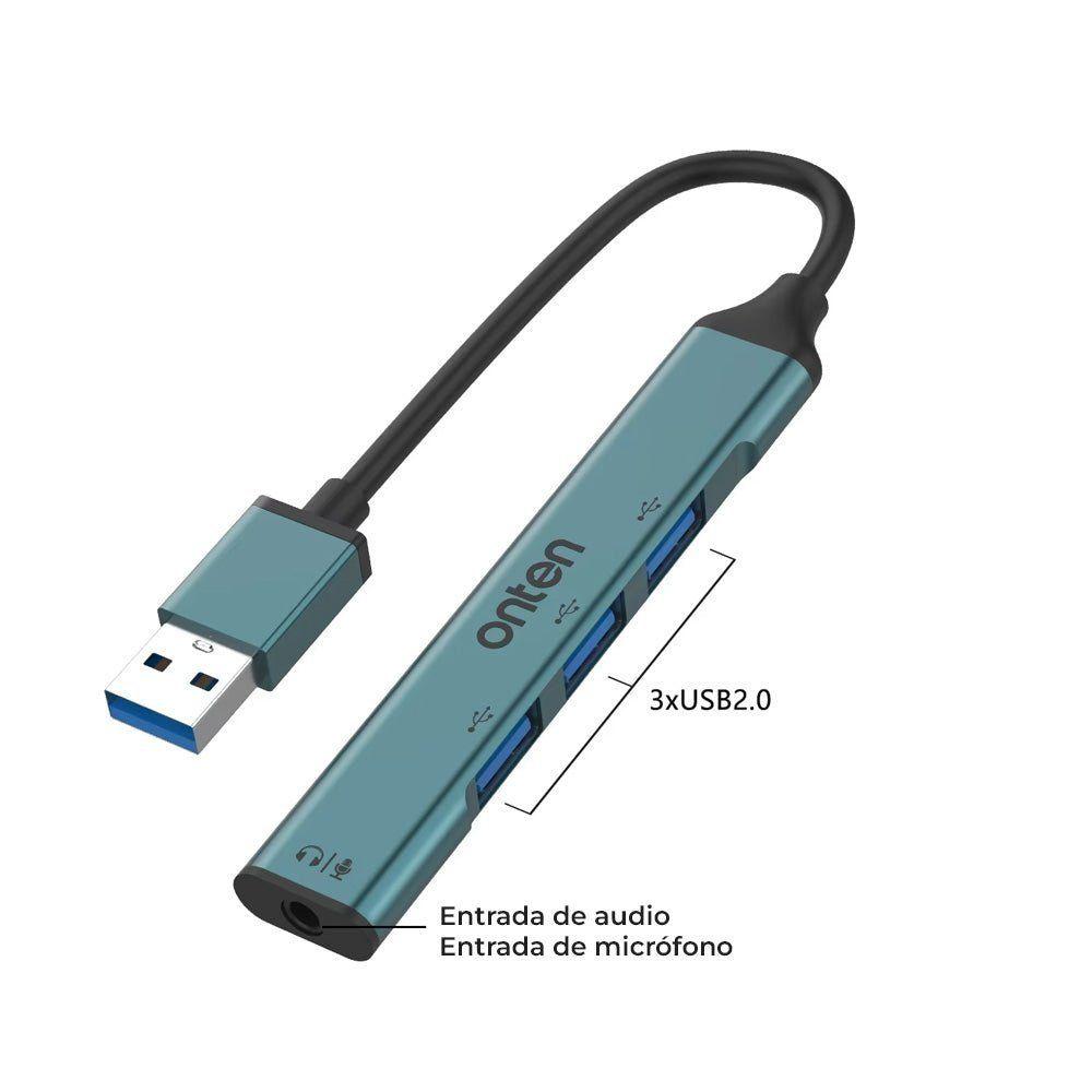 Adaptador Audio Jack 3.5mm y Hub 3 Puertos USB 2.0 OTN-5706 Plug & Play-0