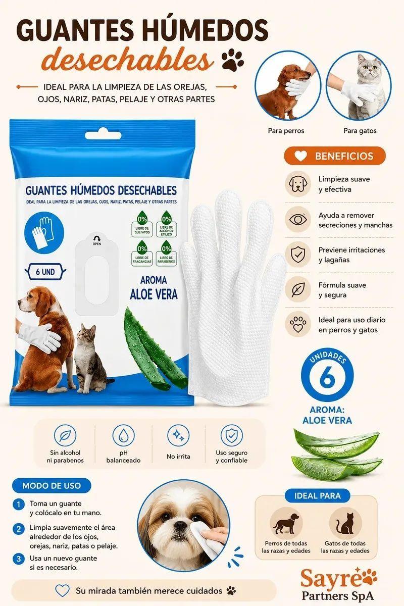 Guantes Humedos Desechables para Mascotas Aloe Vera 6 Unidades-3