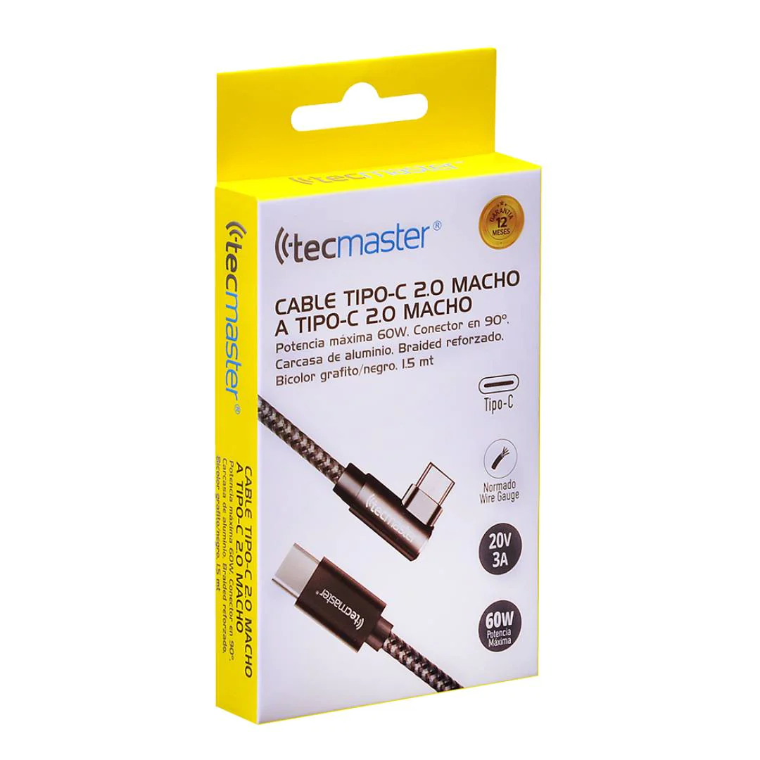 CABLE TIPO-C A TIPO-C USB 2.0 60W 3A 90° 1.5 METROS TM-200544-2