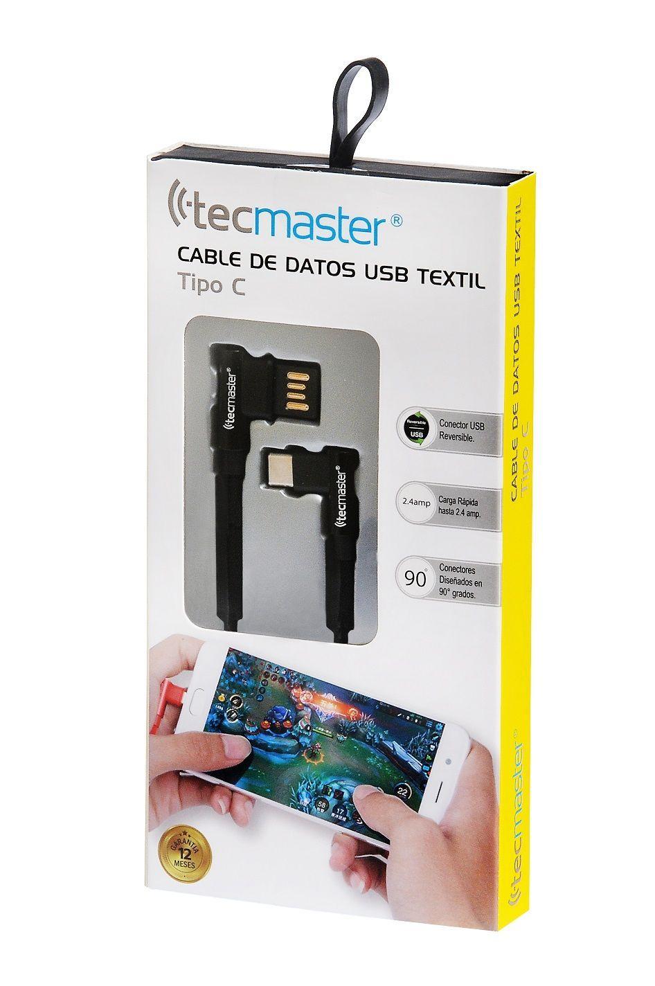 CABLE TIPO-C TECMASTER REVERSIBLE 90° 2.4A 1 METRO TM-CB-TC90BK-2