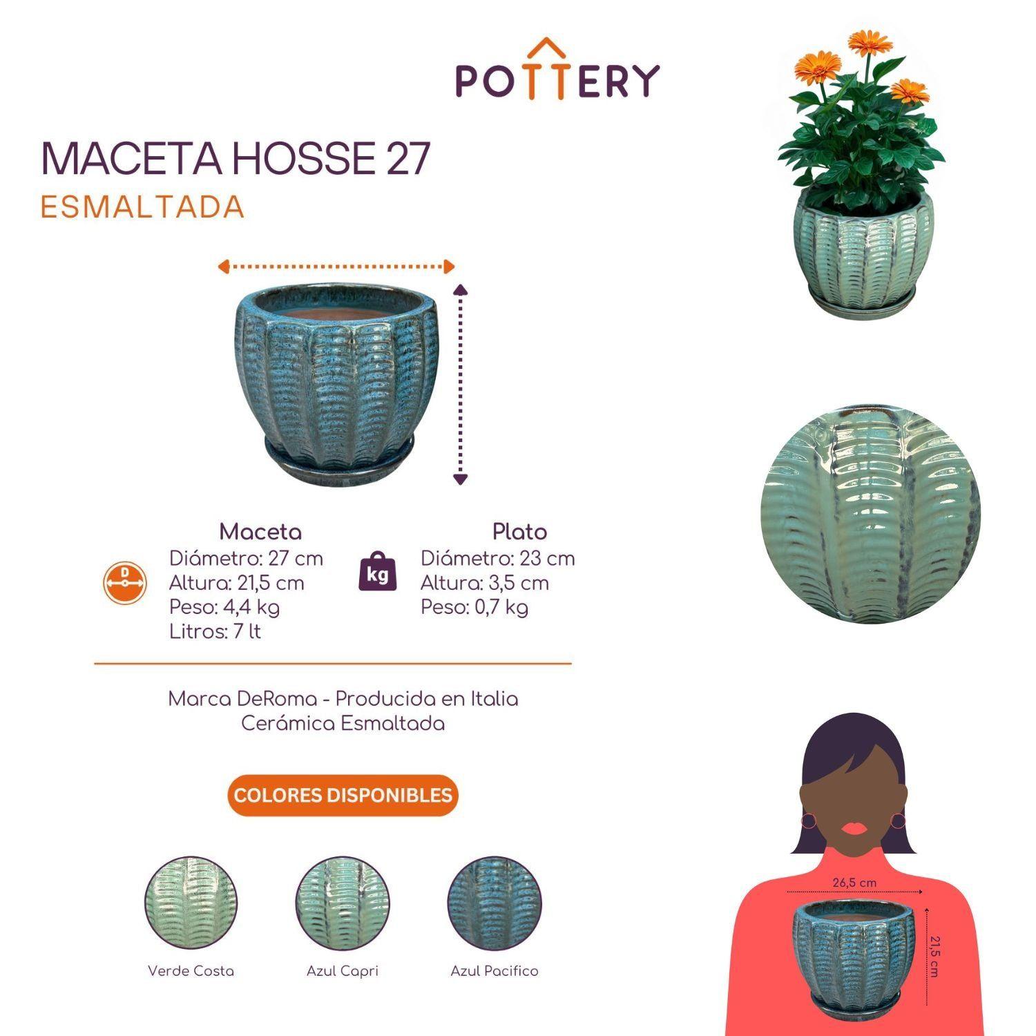 Maceta Hosse 27 Azul Capri con plato-2