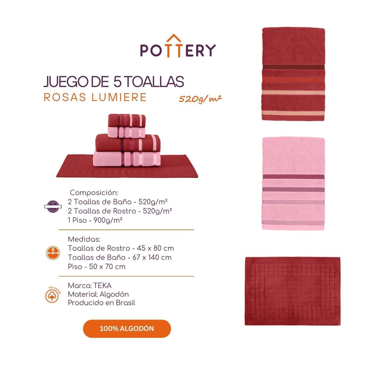 Juego de Toallas 5 Piezas LUMIERE Rosas - 520 g/m² - 100% Alg-2