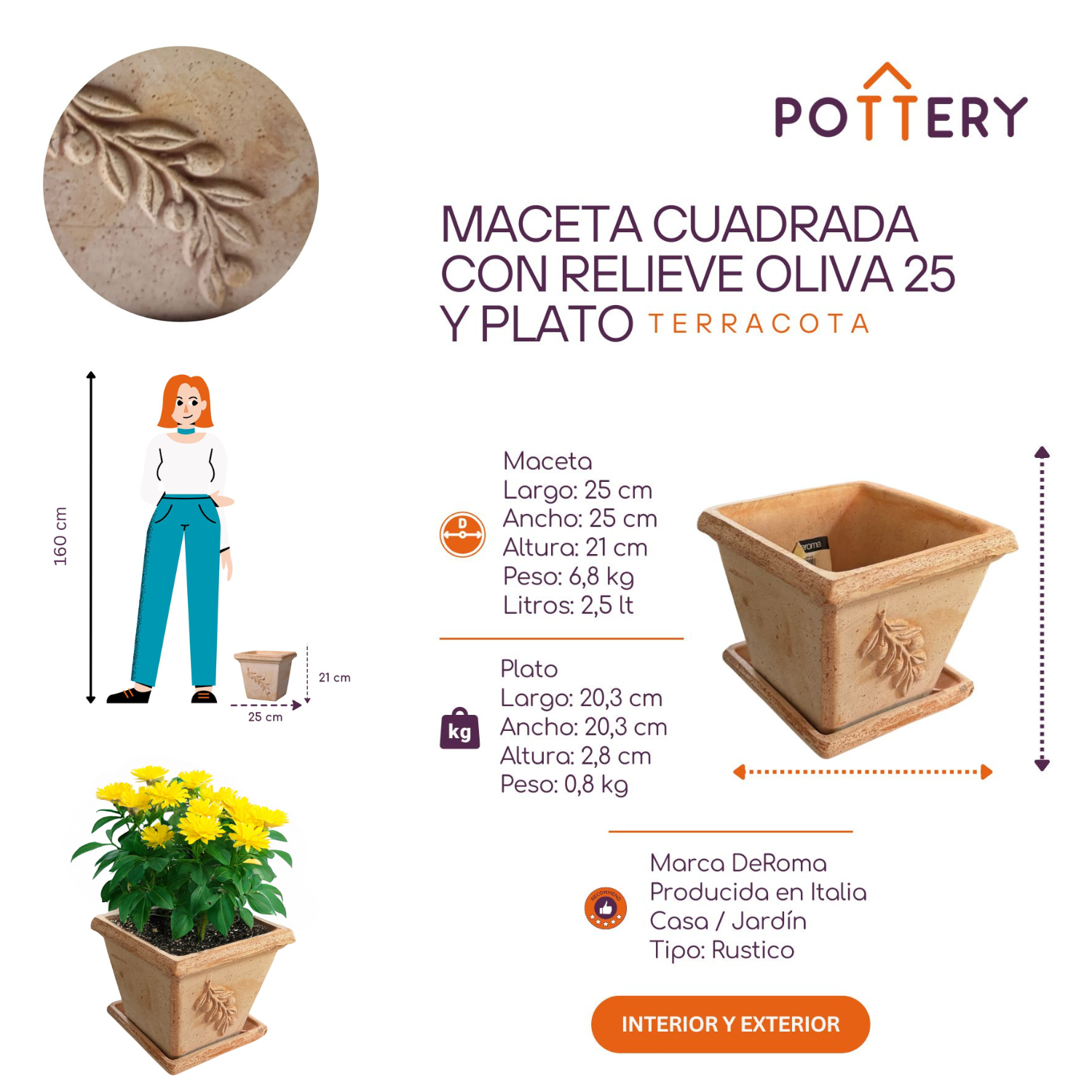 Set Maceta Cuadrada 25 con Relieve Oliva con plato-2