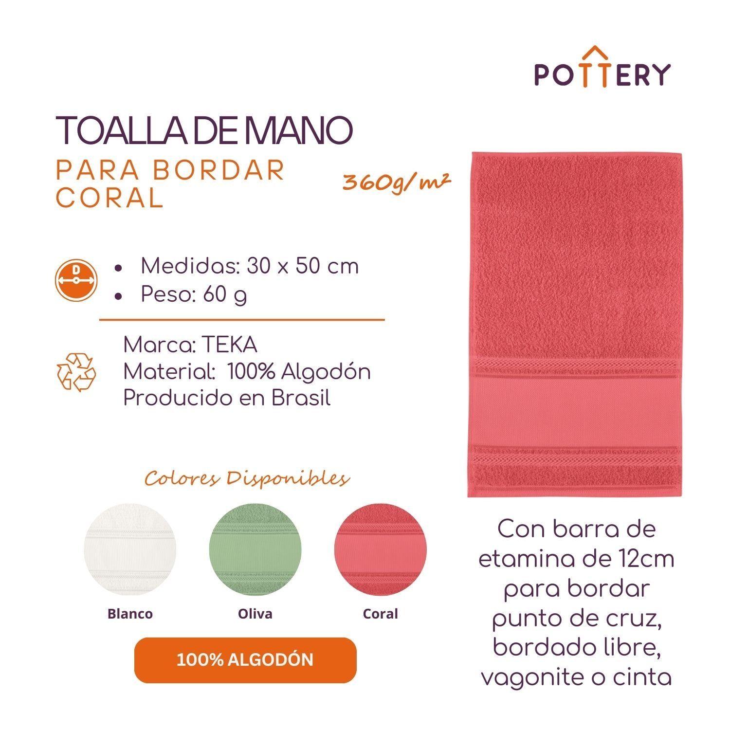 Toalla de Mano para Bordar Coral - 100% Algodón - 360g/m² - Teka-1