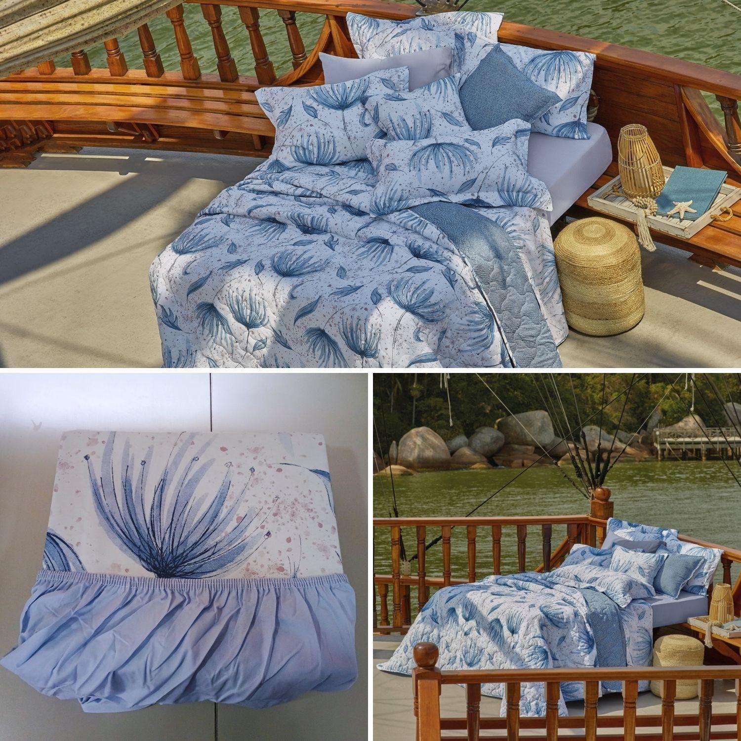 Juego de Sábanas 4 Piezas Florencia Aqua, 2 ½ plazas - 180 hilos en 100% Algodón-1