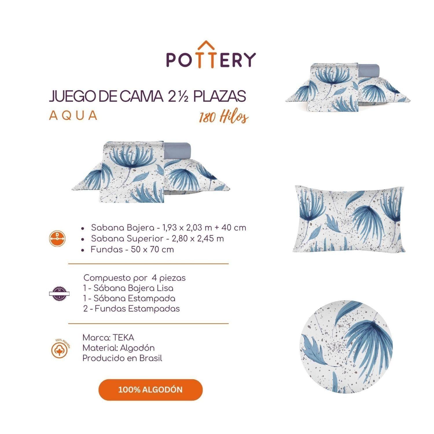 Juego de Sábanas 4 Piezas Florencia Aqua, 2 ½ plazas - 180 hilos en 100% Algodón-2