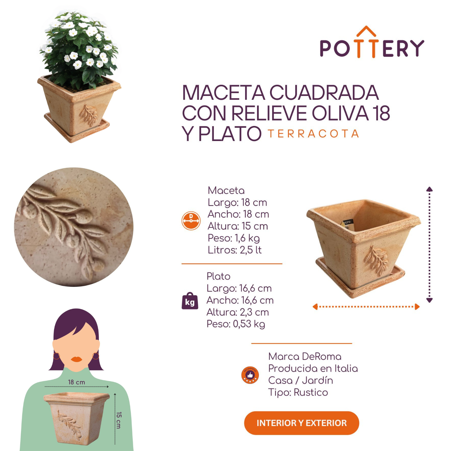 Set Maceta Cuadrada 18 con Relieve Oliva con plato-3