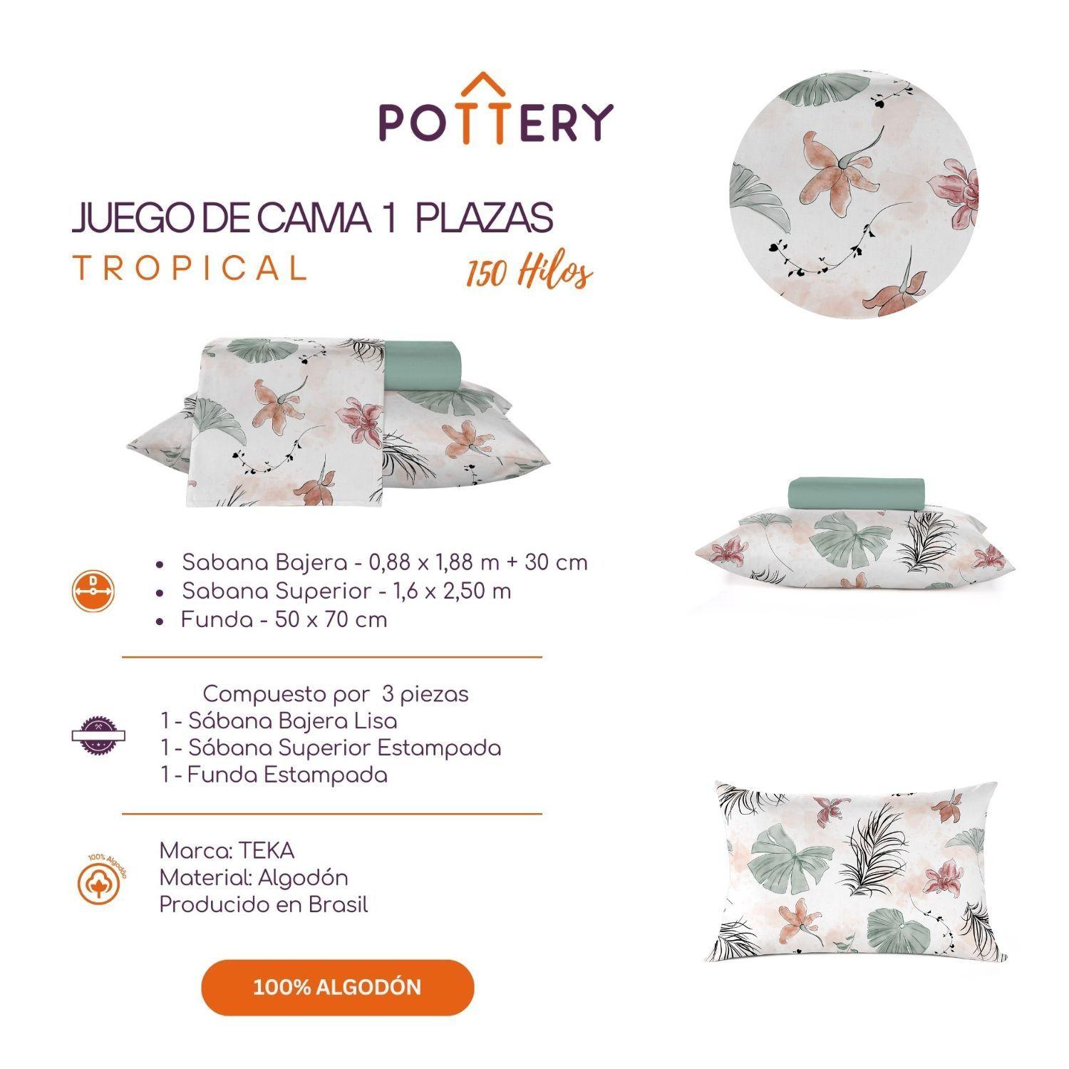 Juego de Sábanas 3 Piezas Diamante TROPICAL, 1 plaza - 150 hilos en 100% Algodón-2