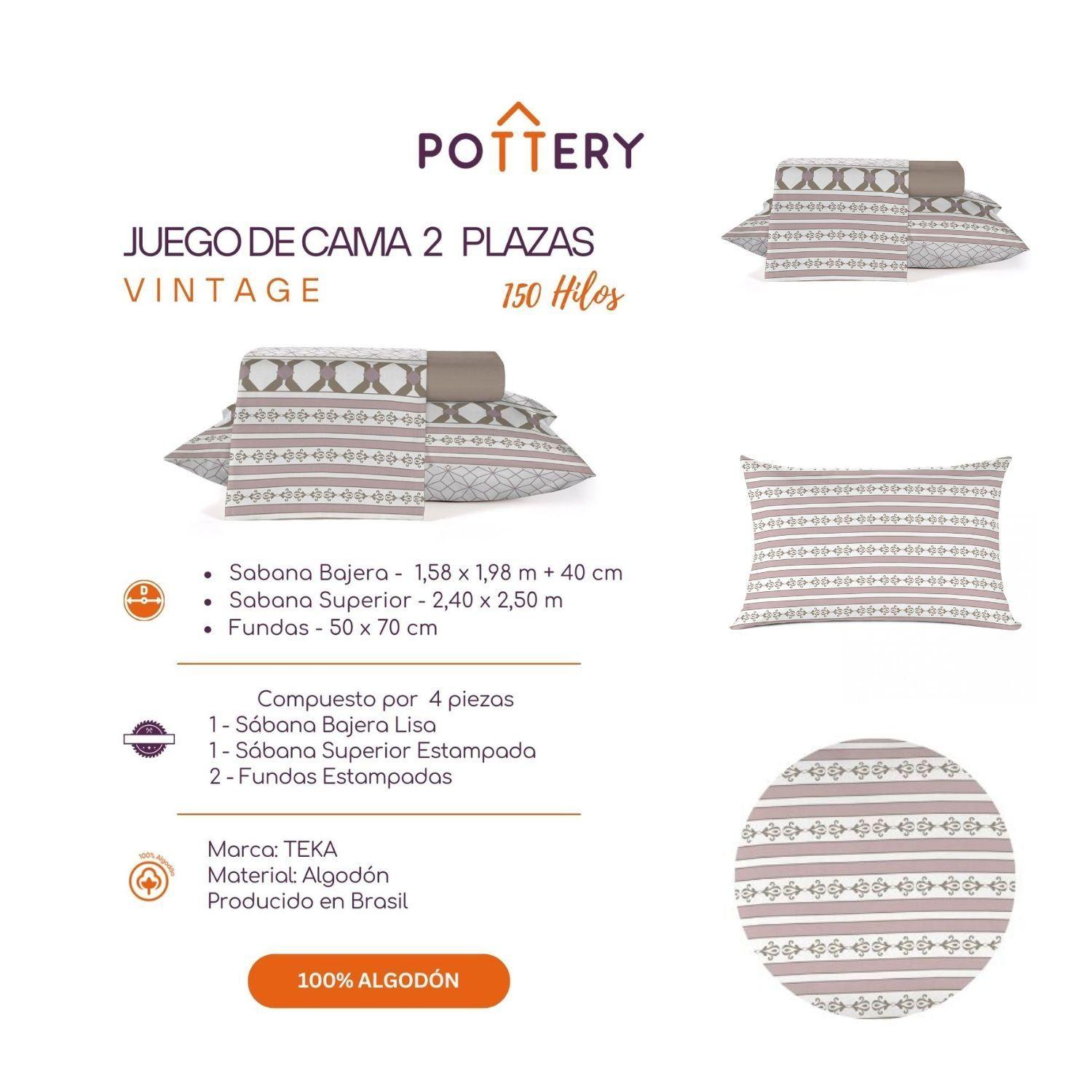 Juego de Sábanas 4 Piezas VINTAGE, 2 plazas - 150 hilos en 100% Algodón-2