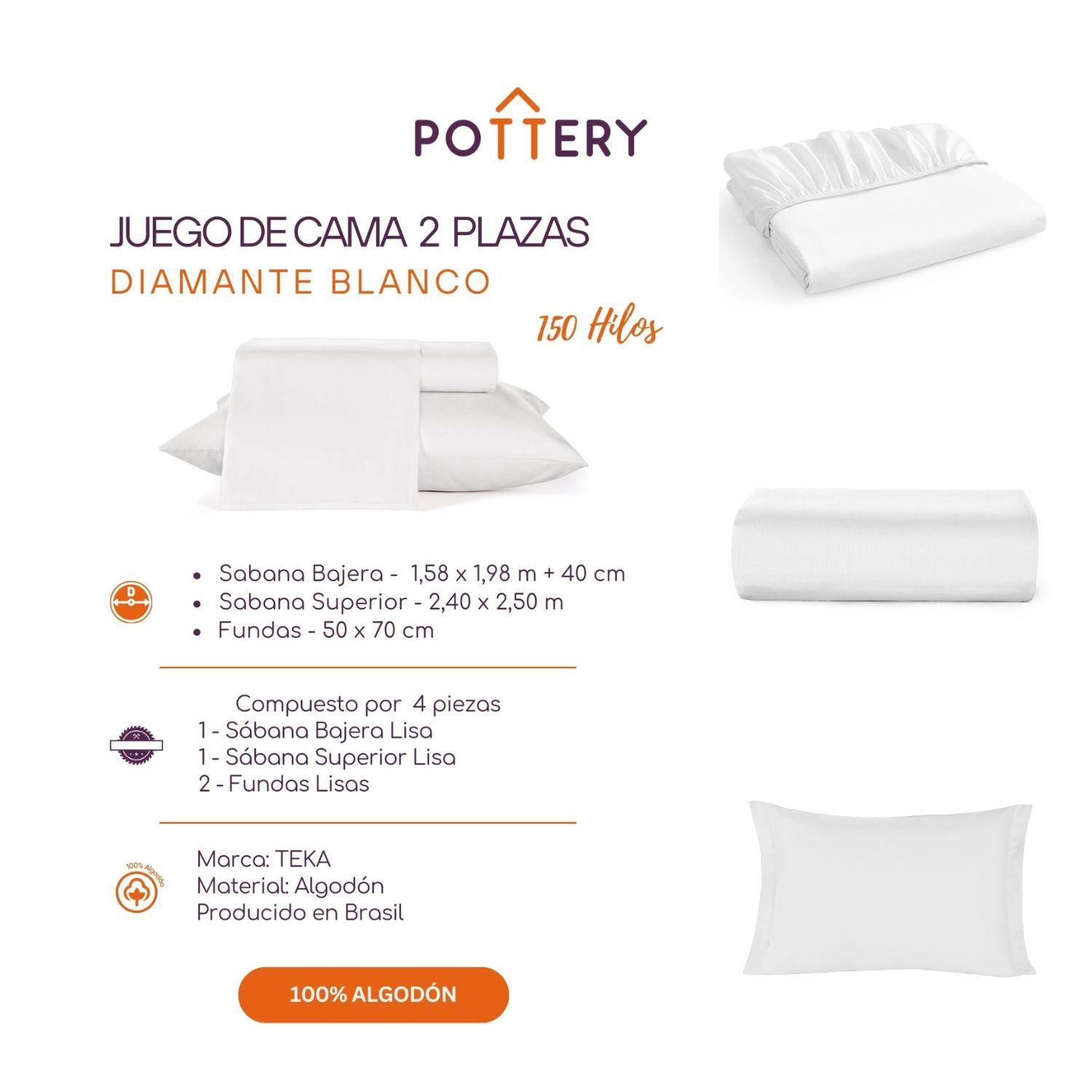 Juego de Sábanas 4 Piezas Diamante BLANCO, 2 plazas - 150 hilos en 100% Algodón-2