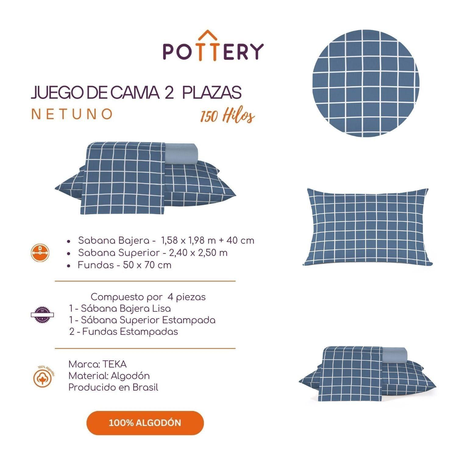 Juego de Sábanas 4 Piezas Diamante NETUNO, 2 plazas - 150 hilos en 100% Algodón-2