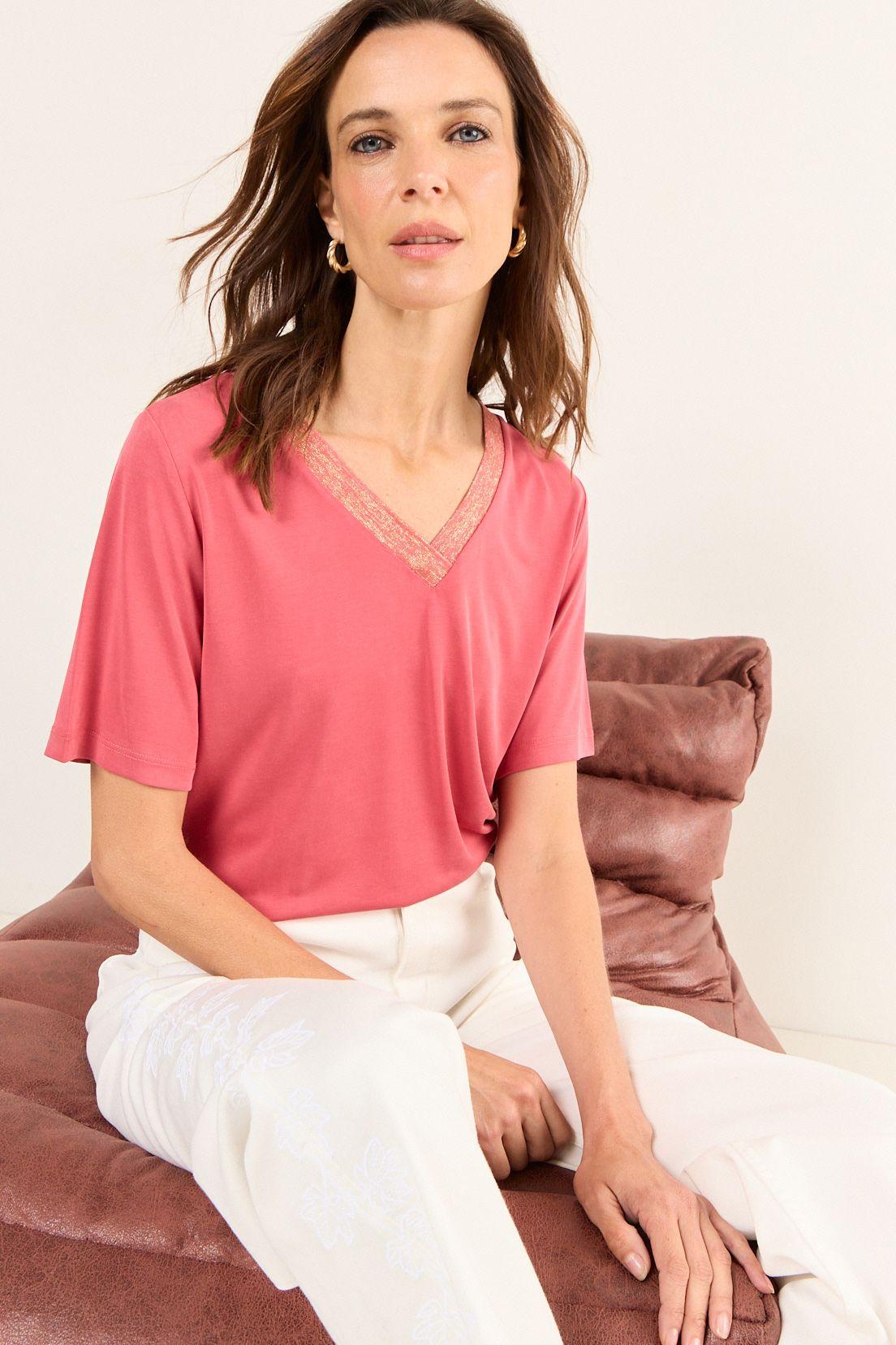 Polera Escote En V Con Lurex Rosa Ma Griffe 14202126005123-3