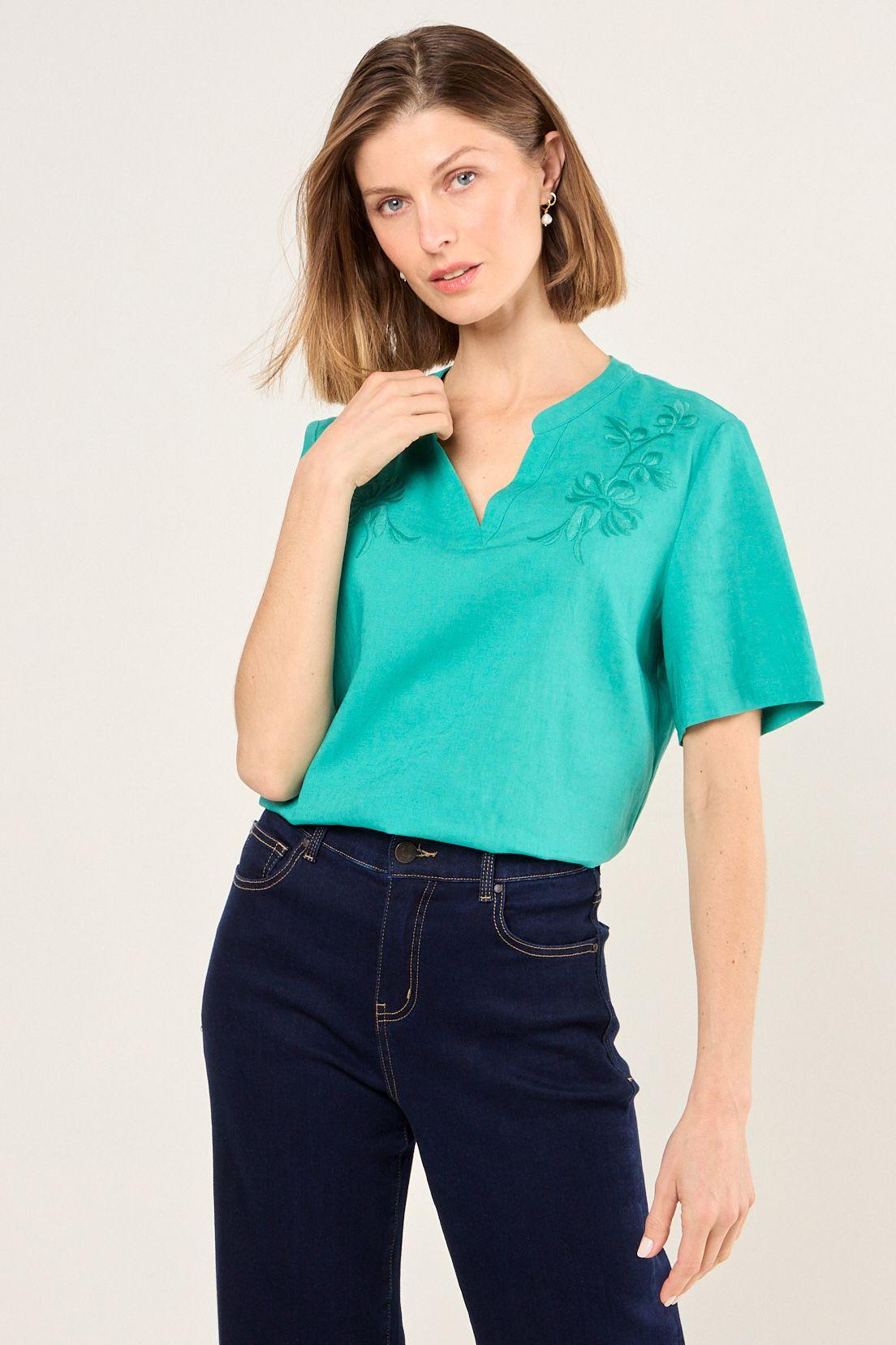 Blusa De Lino Con Bordado Verde Ma Griffe 14002225061217-0
