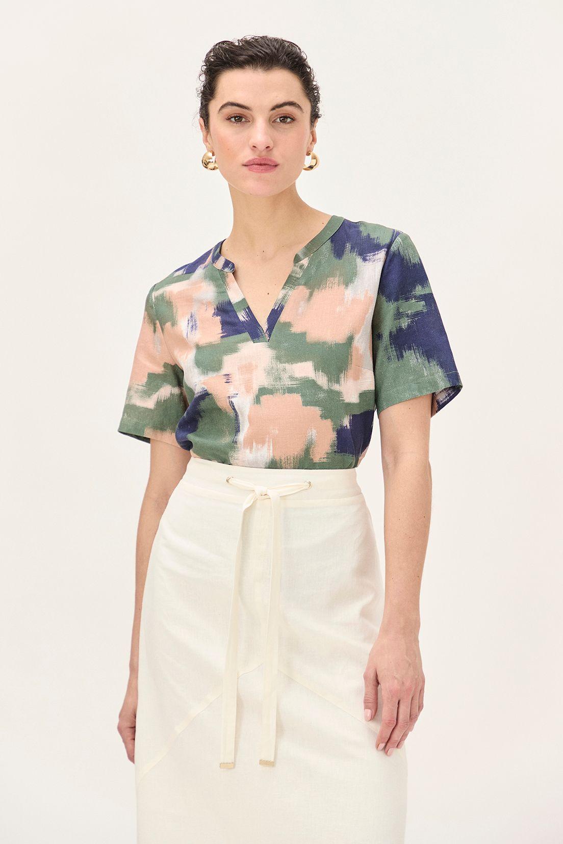 Blusa Lino Estampada Verde Ma Griffe 14102224064126-0